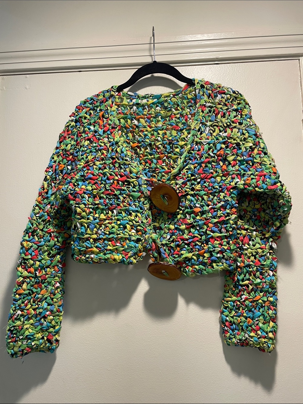 Handmade Colorful OOAK Cropped Jacket with Large Wooden Buttons